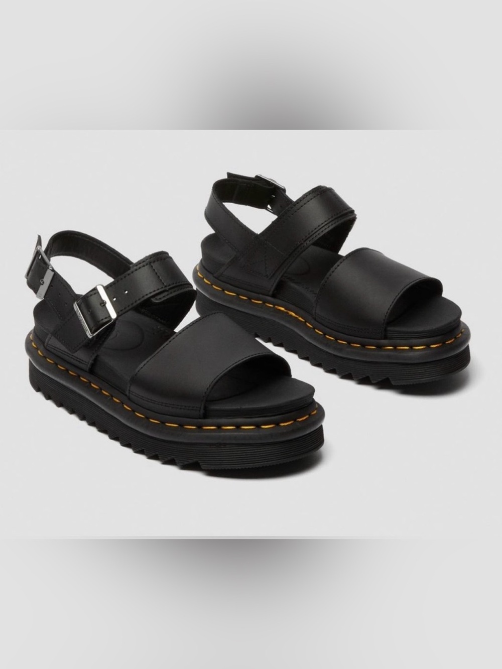 Dr. Martens Black Leather Platform Voss Sandals with Yellow Stitching